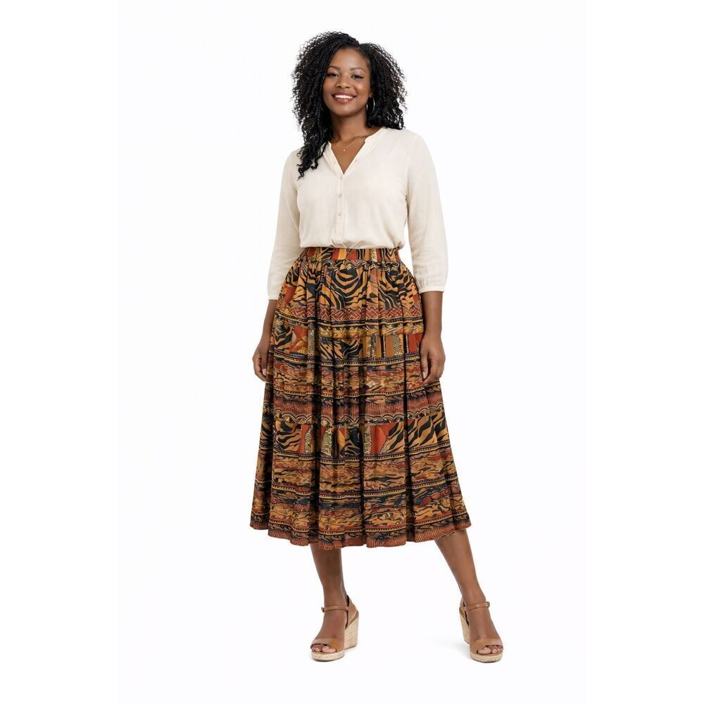 Vintage Leslie Fay Animal Print Pleated Midi Skirt Size 8 Safari Boho Tribal